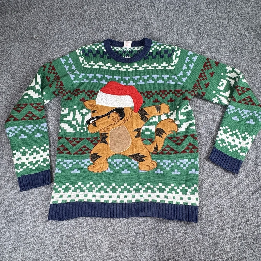 Holiday Time Ugly Christmas Sweater Women XL Green Cat Dabbing Santa Hat Novelty